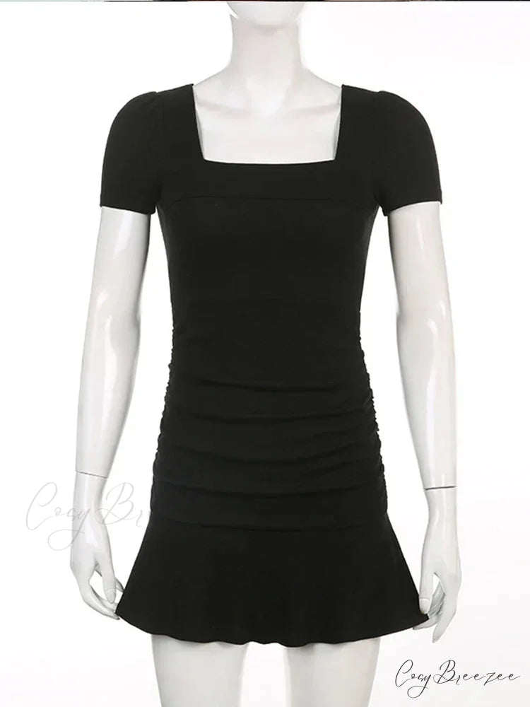 Ribbed Square Collar Casual Ruffles Patchwork Mini Dress