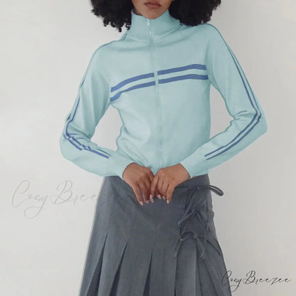 Ribbed Stripe Stylish Zipper Pullover Jacket