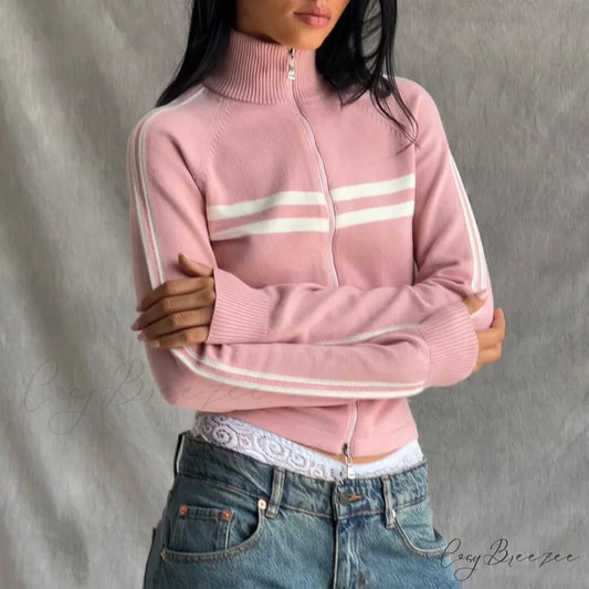 Ribbed Stripe Stylish Zipper Pullover Jacket Pink / S