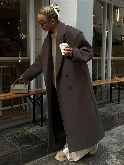 Ribbed Woolen Double-Breasted Coat overcoats-241228