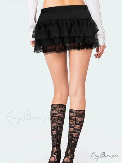 Ribbon Lace Patchwork Mid-Waist Skirt skirts-250223