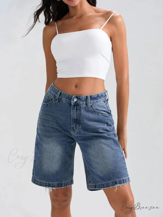 Ripped Button Denim Casual Shorts short-250223