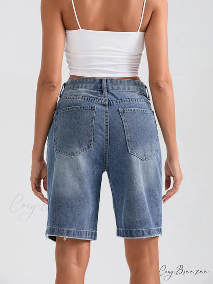 Ripped Button Denim Casual Shorts short-250223