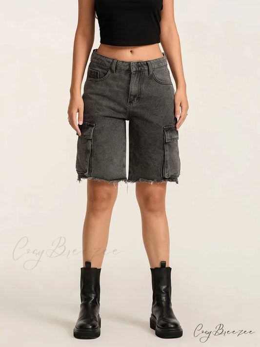 Ripped Button Denim Shorts Black / S short-250223