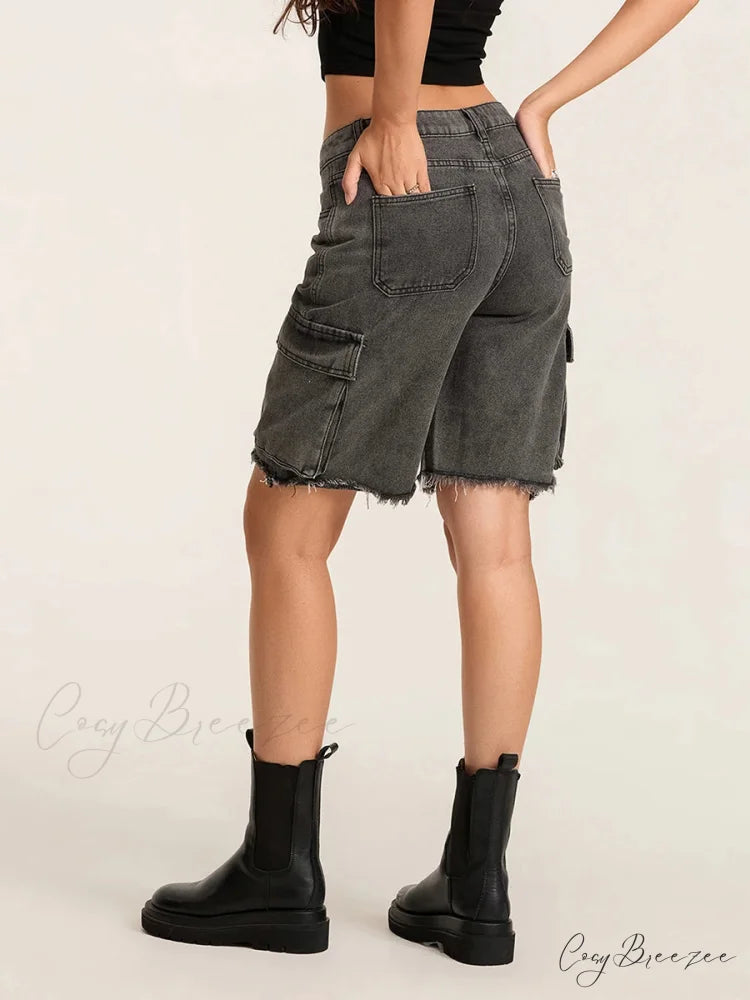 Ripped Button Denim Shorts short-250223