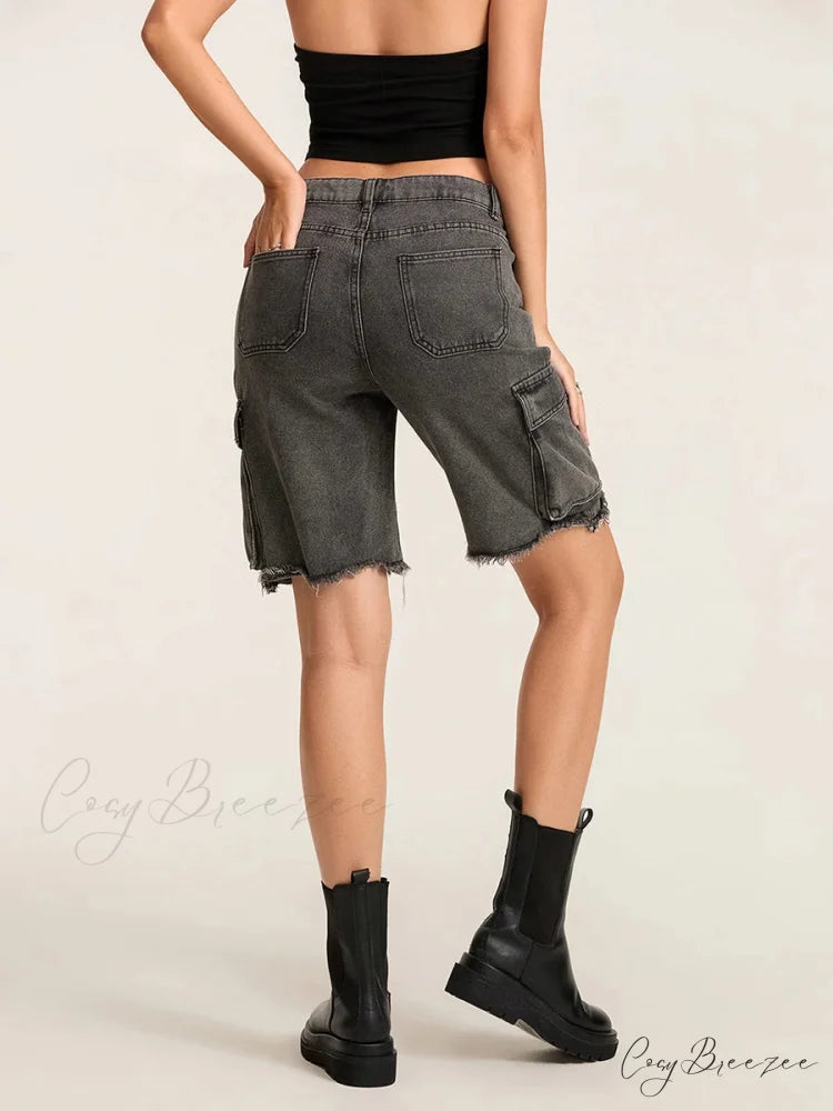 Ripped Button Denim Shorts short-250223