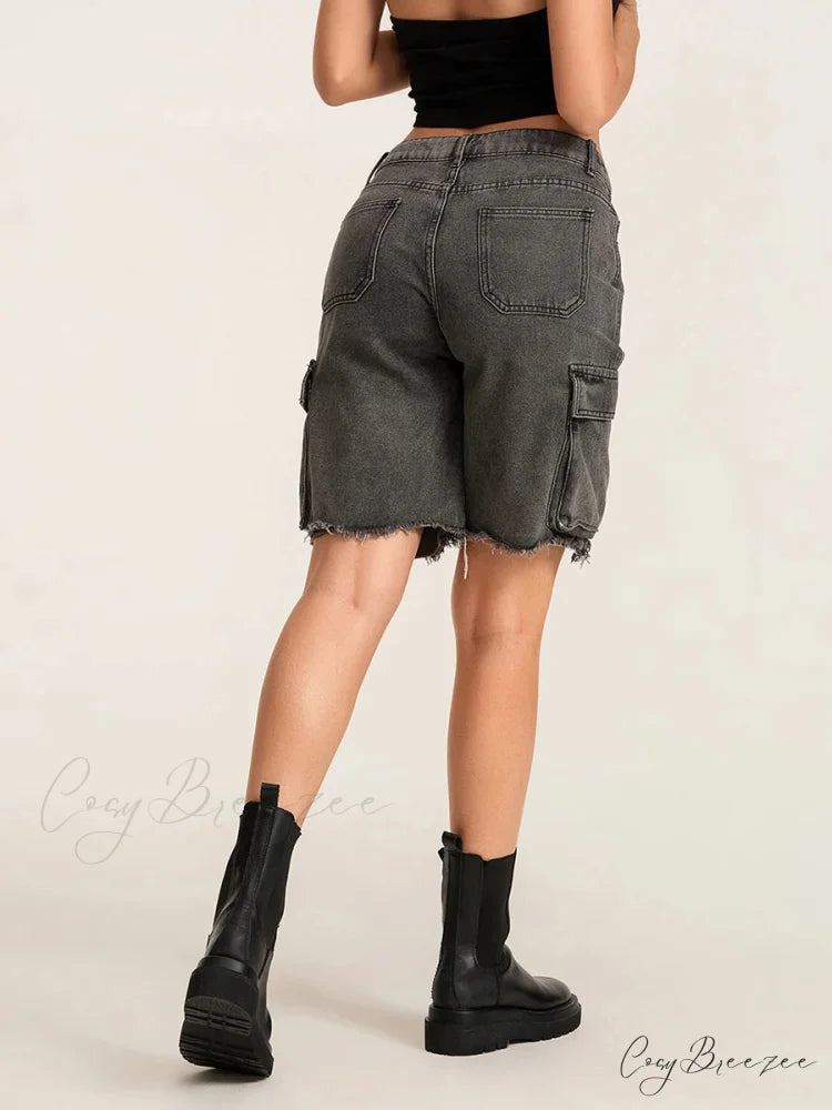 Ripped Button Denim Shorts short-250223