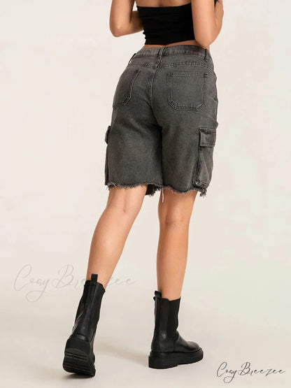 Ripped Button Denim Shorts short-250223