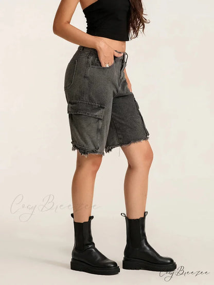 Ripped Button Denim Shorts short-250223