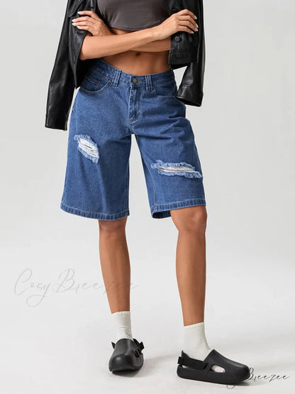 Ripped Button Knee-Length Denim Shorts DEEP BLUE / S short-250223