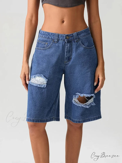 Ripped Button Knee-Length Denim Shorts short-250223
