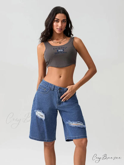 Ripped Button Knee-Length Denim Shorts short-250223