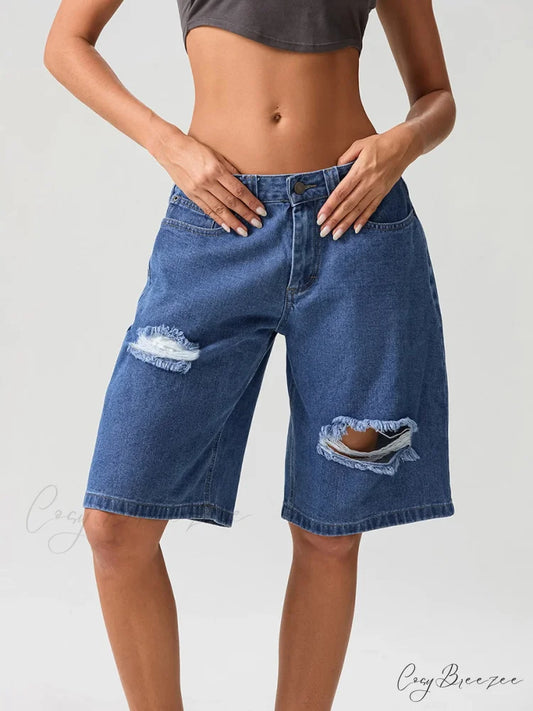 Ripped Button Knee-Length Denim Shorts short-250223