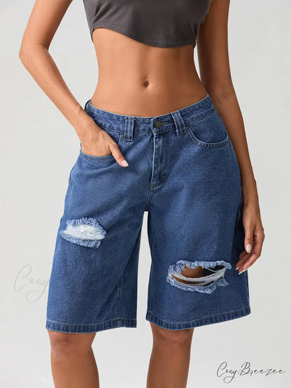Ripped Button Knee-Length Denim Shorts short-250223