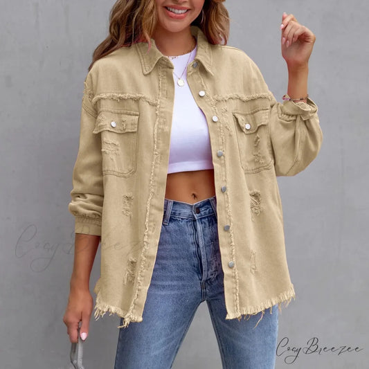 Ripped Distressed Denim Single Breasted Turn Down Collar Washed Jacket Khaki / S
