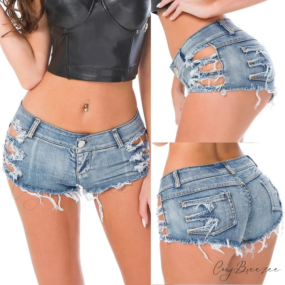 Ripped Hole Hem Denim Hotpants Shorts blue1 / S short-250223