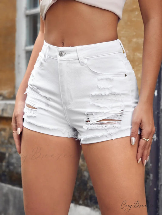 Ripped Raw Hem Ripped Denim Shorts White / Tall XS