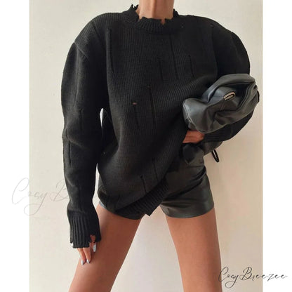 Ripped Y2K Casual Long Sleeve Sweater Black / S swraters-241228
