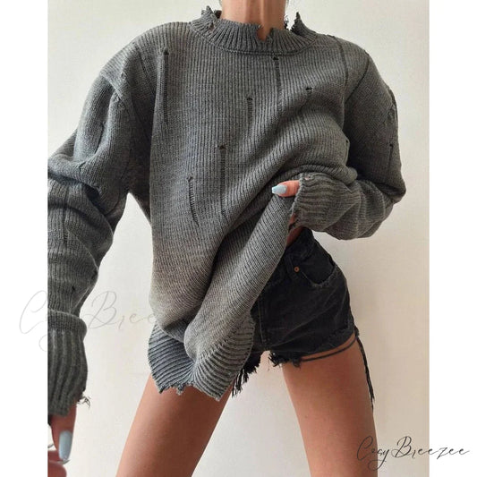 Ripped Y2K Casual Long Sleeve Sweater DARK GRAY / S swraters-241228