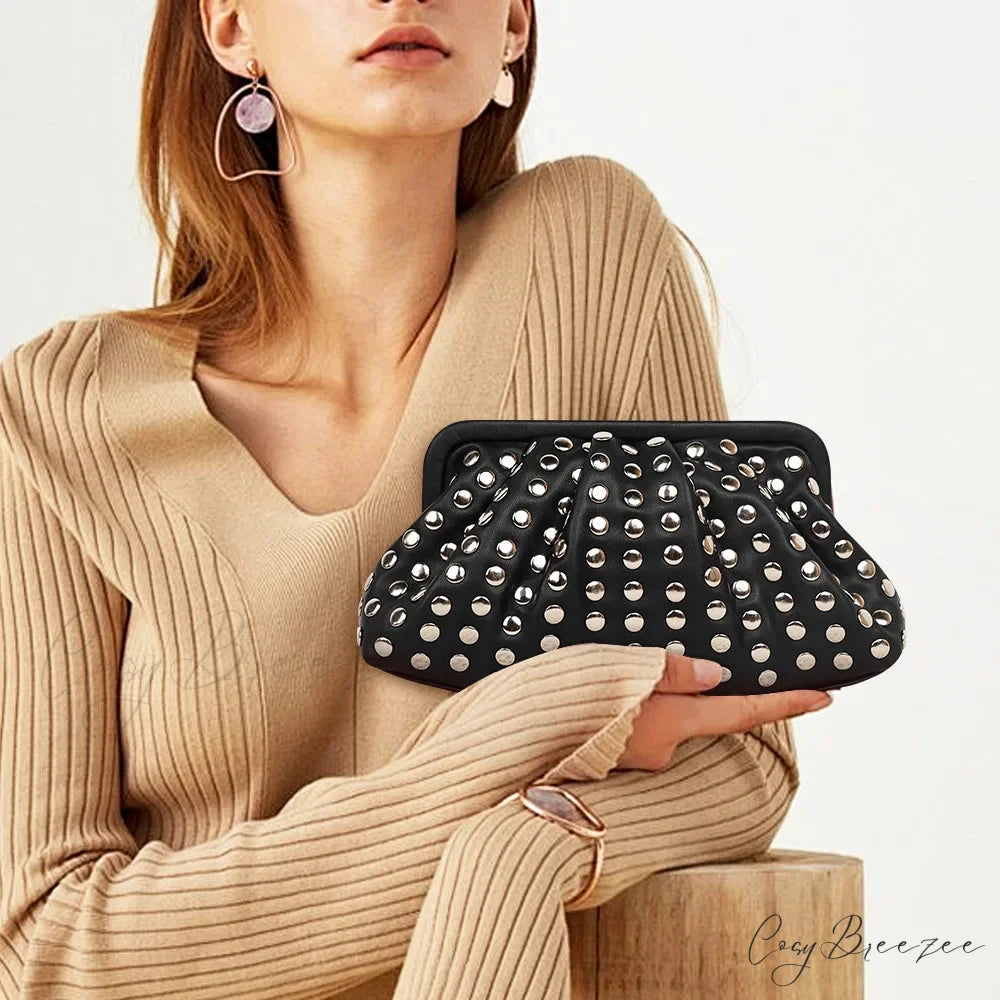 Rivet Ruched Hobo Evening Clutch Black wristlet-250126