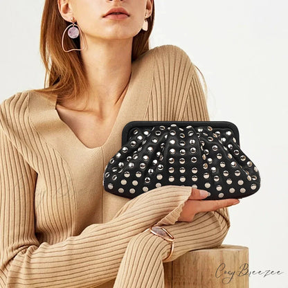 Rivet Ruched Hobo Evening Clutch Black wristlet-250126