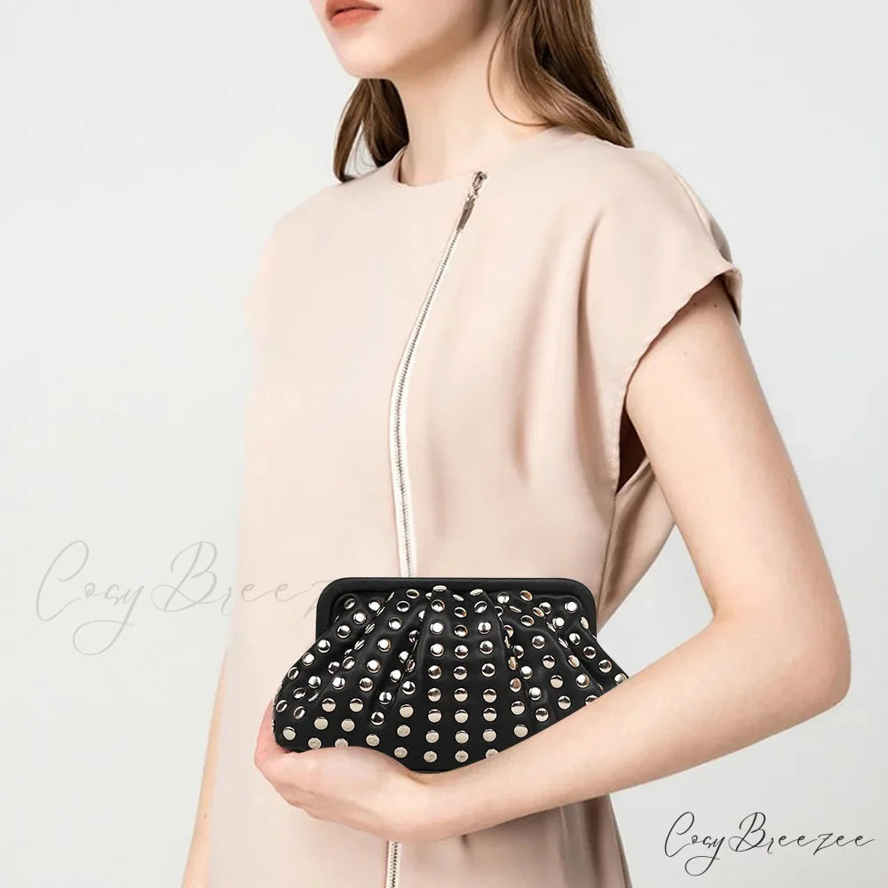 Rivet Ruched Hobo Evening Clutch Black wristlet-250126