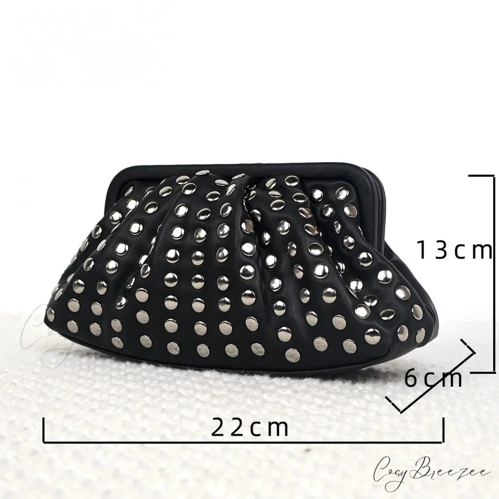 Rivet Ruched Hobo Evening Clutch Black wristlet-250126
