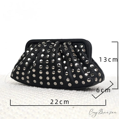 Rivet Ruched Hobo Evening Clutch Black wristlet-250126