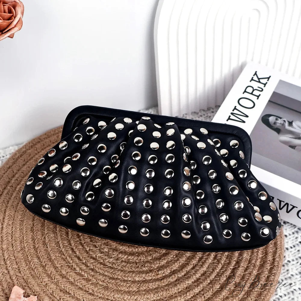 Rivet Ruched Hobo Evening Clutch Black wristlet-250126