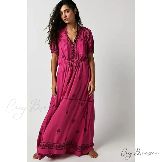 Romantic Floral Embroidery White Cotton Boho Dress bohodress-250126