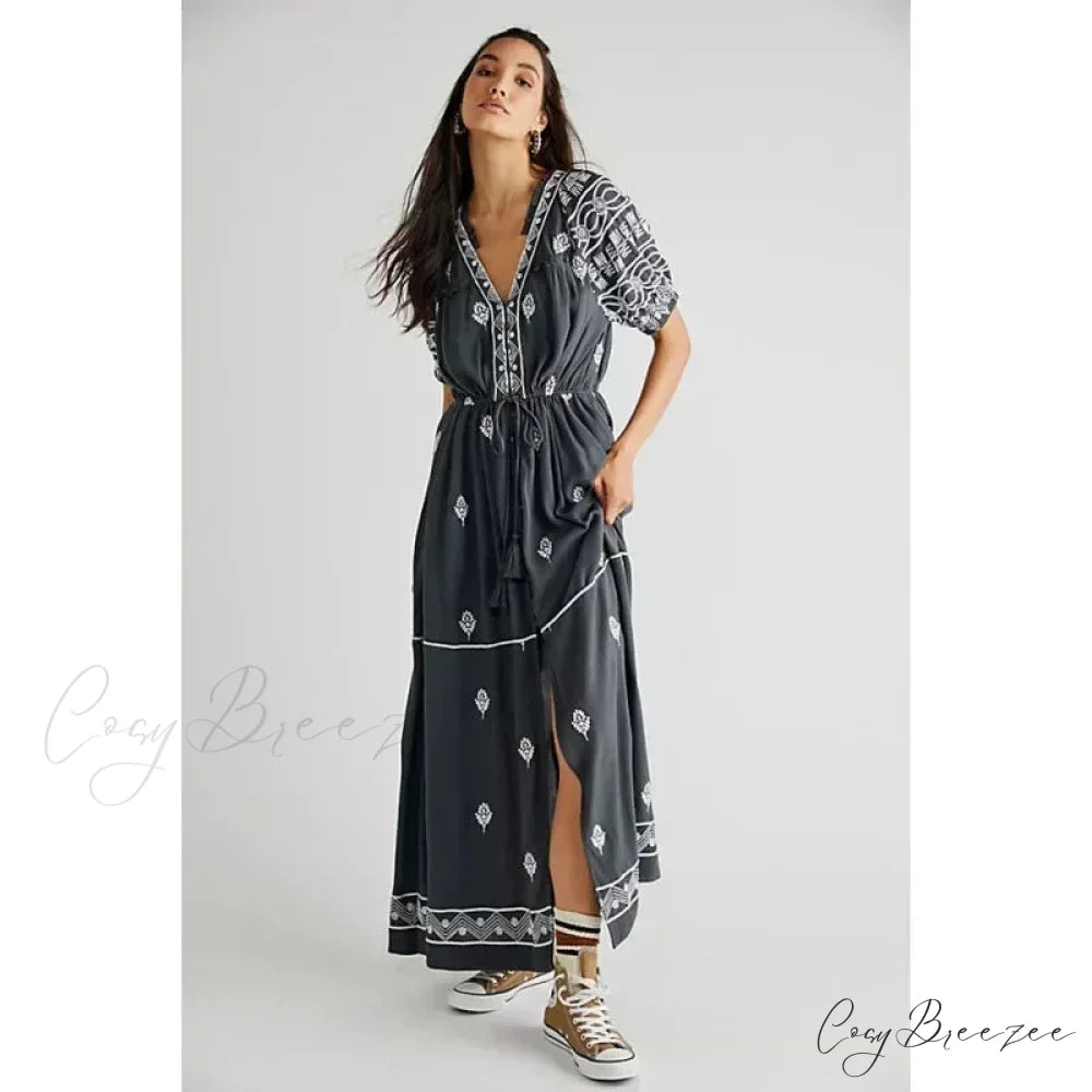 Romantic Floral Embroidery White Cotton Boho Dress Dark Gray / S bohodress-250126