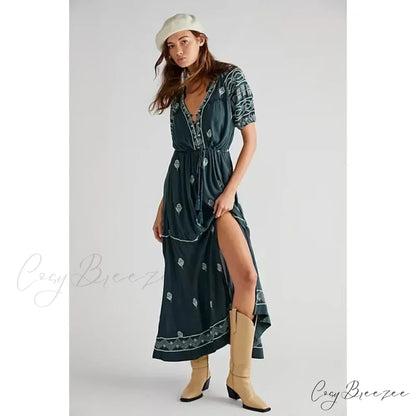 Romantic Floral Embroidery White Cotton Boho Dress Dark Green / S bohodress-250126