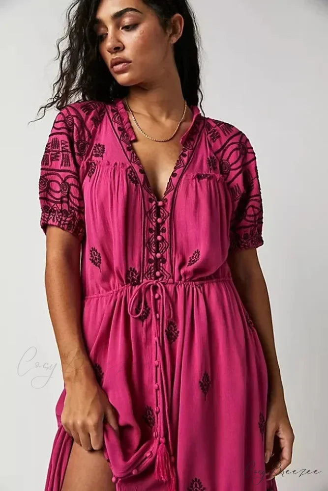 Romantic Floral Embroidery White Cotton Boho Dress Rose Red / S bohodress-250126