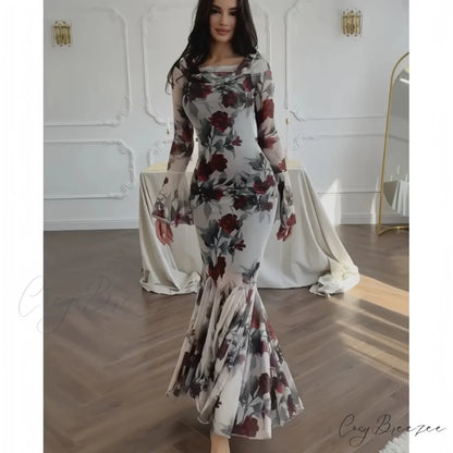 Romantic French Floral Print Long Sleeve Dress floraldress-250126