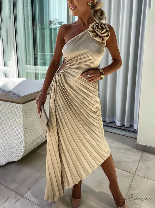 Romantic Night Guilloche Stretch Hollow Trendy One Shoulder Pleated Maxi Dress Beige / S