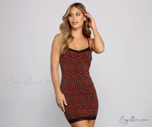 Rose Darling Floral Charming and Lace Mini Dress BLACK / XS