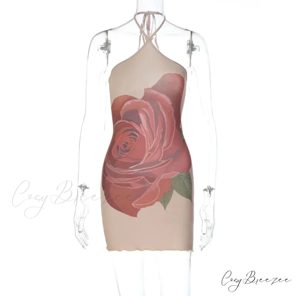 Rose Print Halter Neck Shoulder Short Clubwear Mini Dress