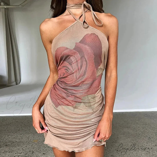 Rose Print Halter Neck Shoulder Short Clubwear Mini Dress Khaki / S