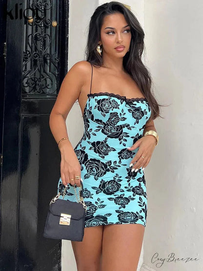 Rose Print Lace Patchwork Backless Bodycon Dress floraldress-250126