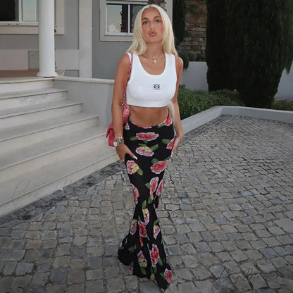 Rose Print Sheer Party Mesh Long Skirt