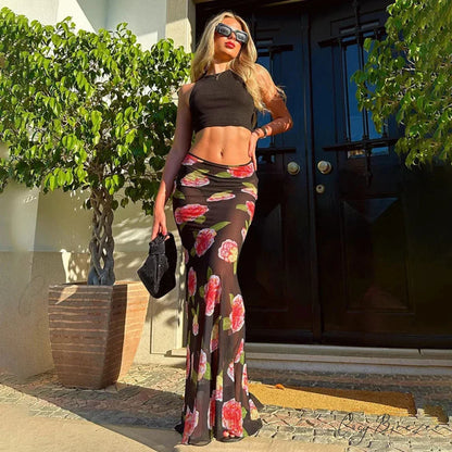 Rose Print Sheer Party Mesh Long Skirt Black / S