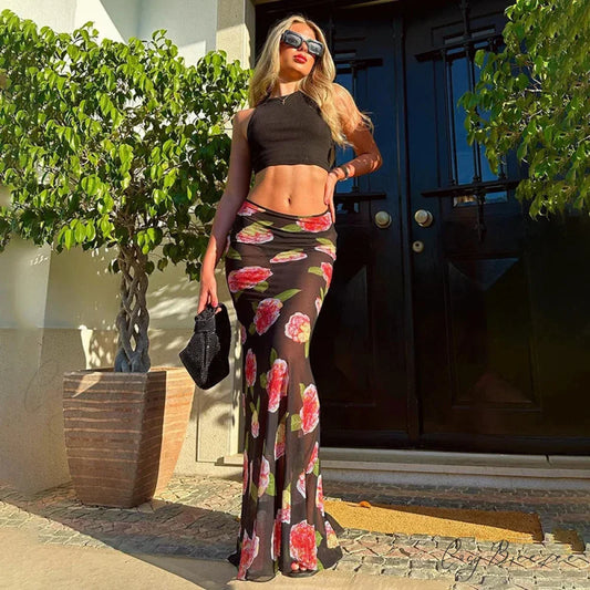 Rose Print Sheer Party Mesh Long Skirt Black / S