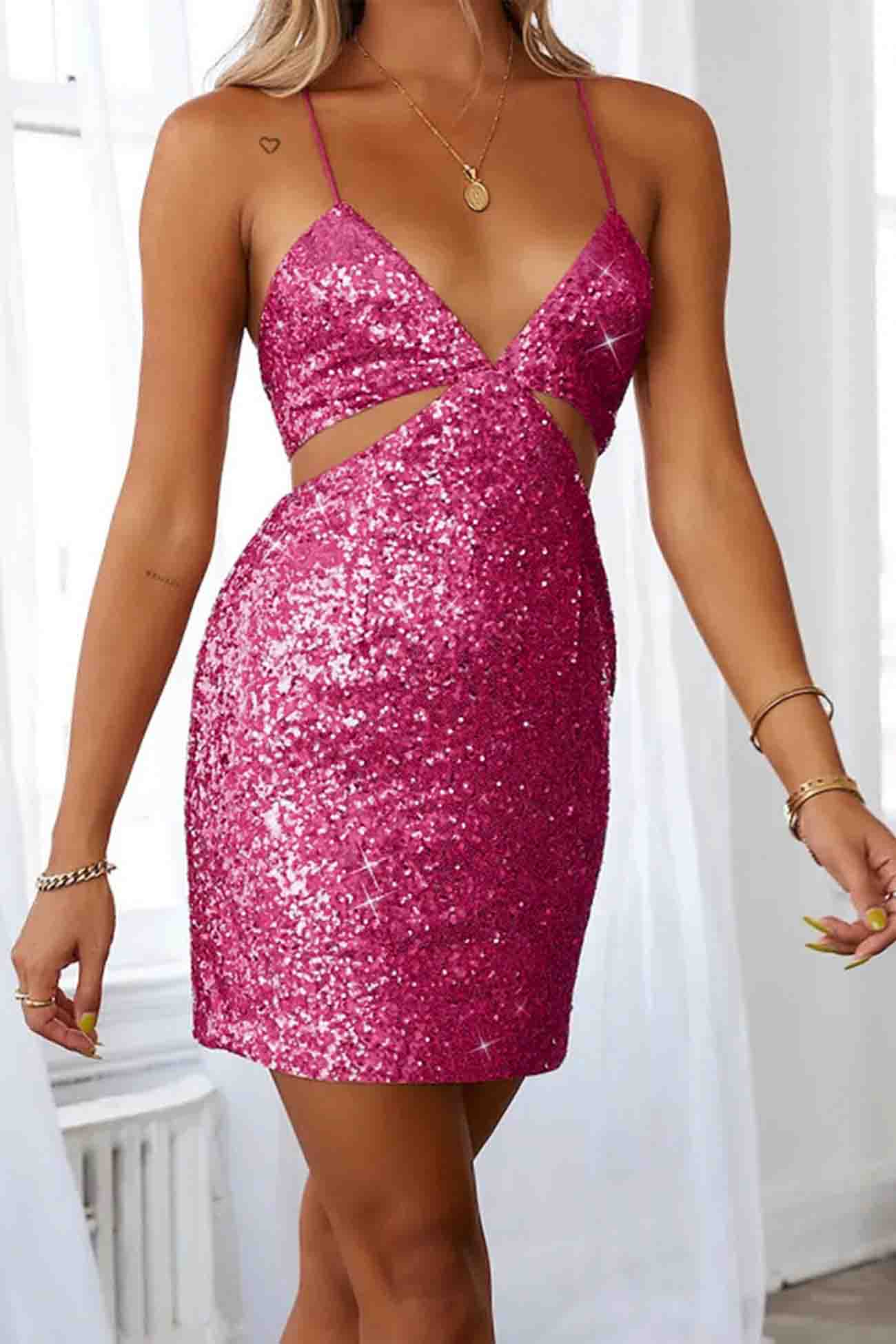 Sequined V Neck Backless Cutout Dress