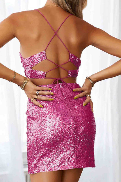 Sequined V Neck Backless Cutout Dress