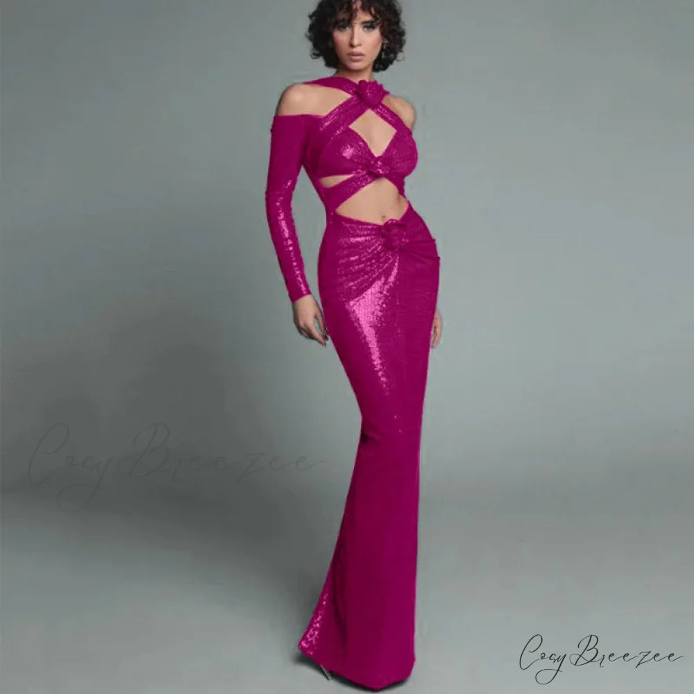 Rosered Long Sleeve Sequins Party Dress