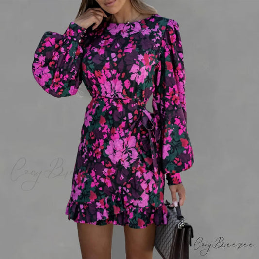 Round Long Patterned Arm Women’s Neck Waist Tie Dress
