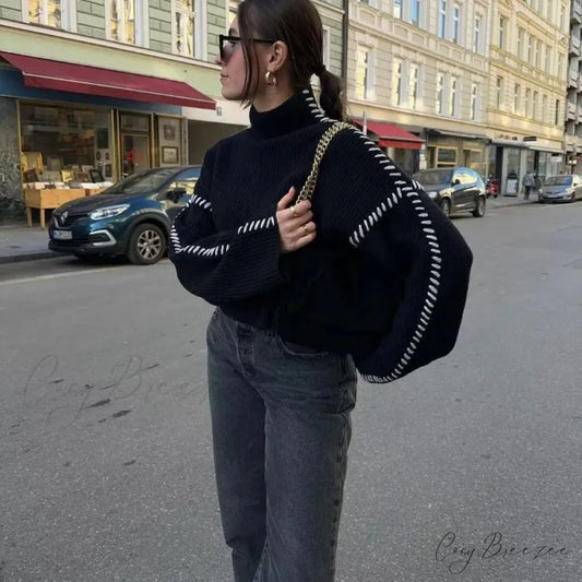 Round Neck Fashion Contrasting Color Sweater Black / S swraters-241228