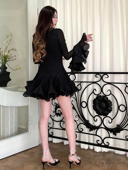 Round-Neck Flare Sleeve Mini Gown Black / S minidress-250223