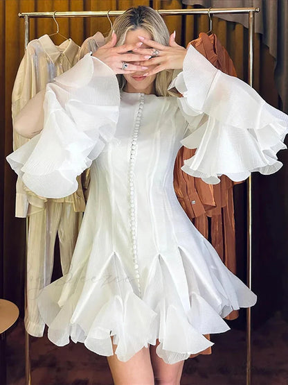 Round-Neck Flare Sleeve Mini Gown White / S minidress-250223