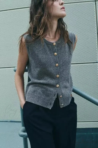 Round Neck Gold Button Sleeveless Cardigan S cardigans-241228